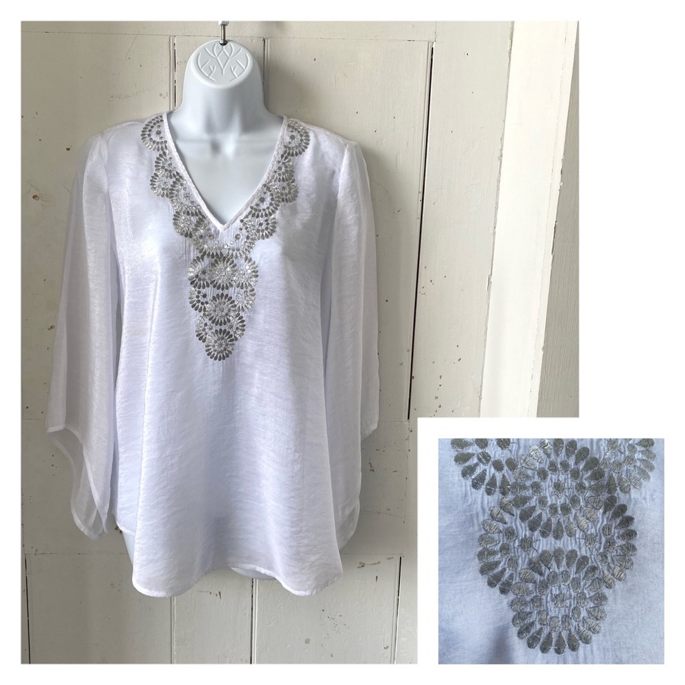 Alfani Sheer Embroidered Metallic Shimmer BoHo Blouse Top